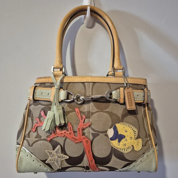 Coach Signature Canvas Coral Reef Appliqué Satchel - Tan & Mint - Picture 1 of 13
